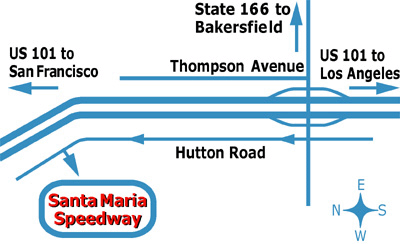 Map to Santa Maria Speedway - Santa Maria Speedway is located 1/3-mile north of the U.S. 101/Bakersfield exit, on Hutton Road.